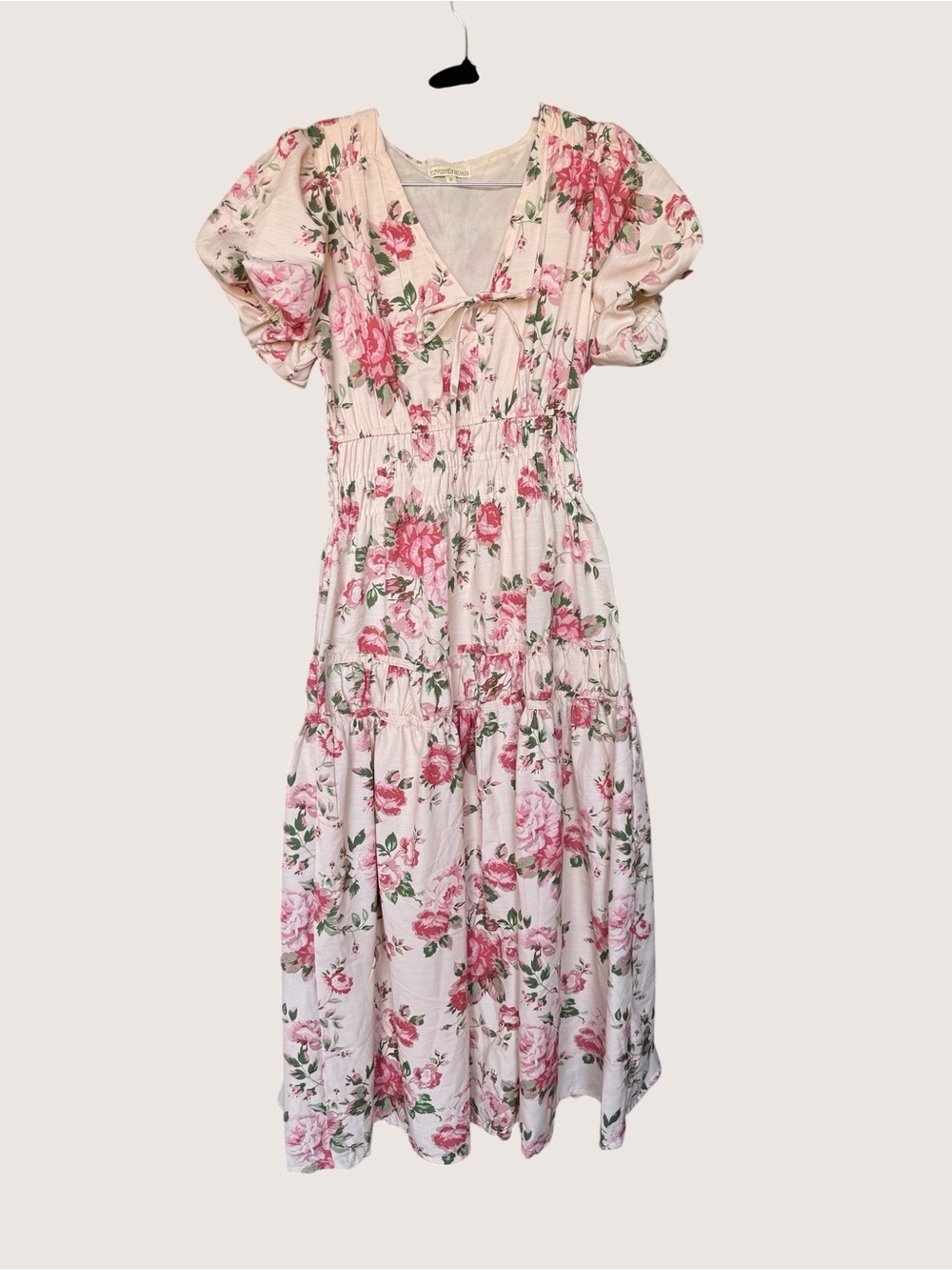 Romantic Pink Floral Maxi Dress with V-Neck and Smocked Waist - Picture 2 of 8